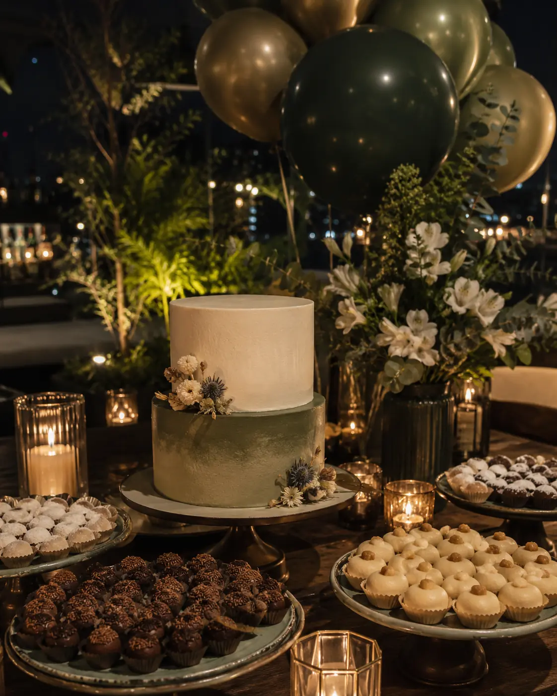 Bolo, docinhos e decoração elegante de aniversário